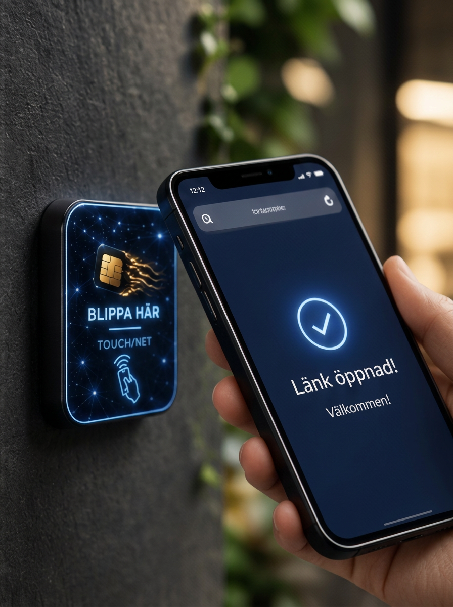 Hand som håller en smartphone mot en TouchNet NFC-bricka på vägg, länk öppnas på skärmen